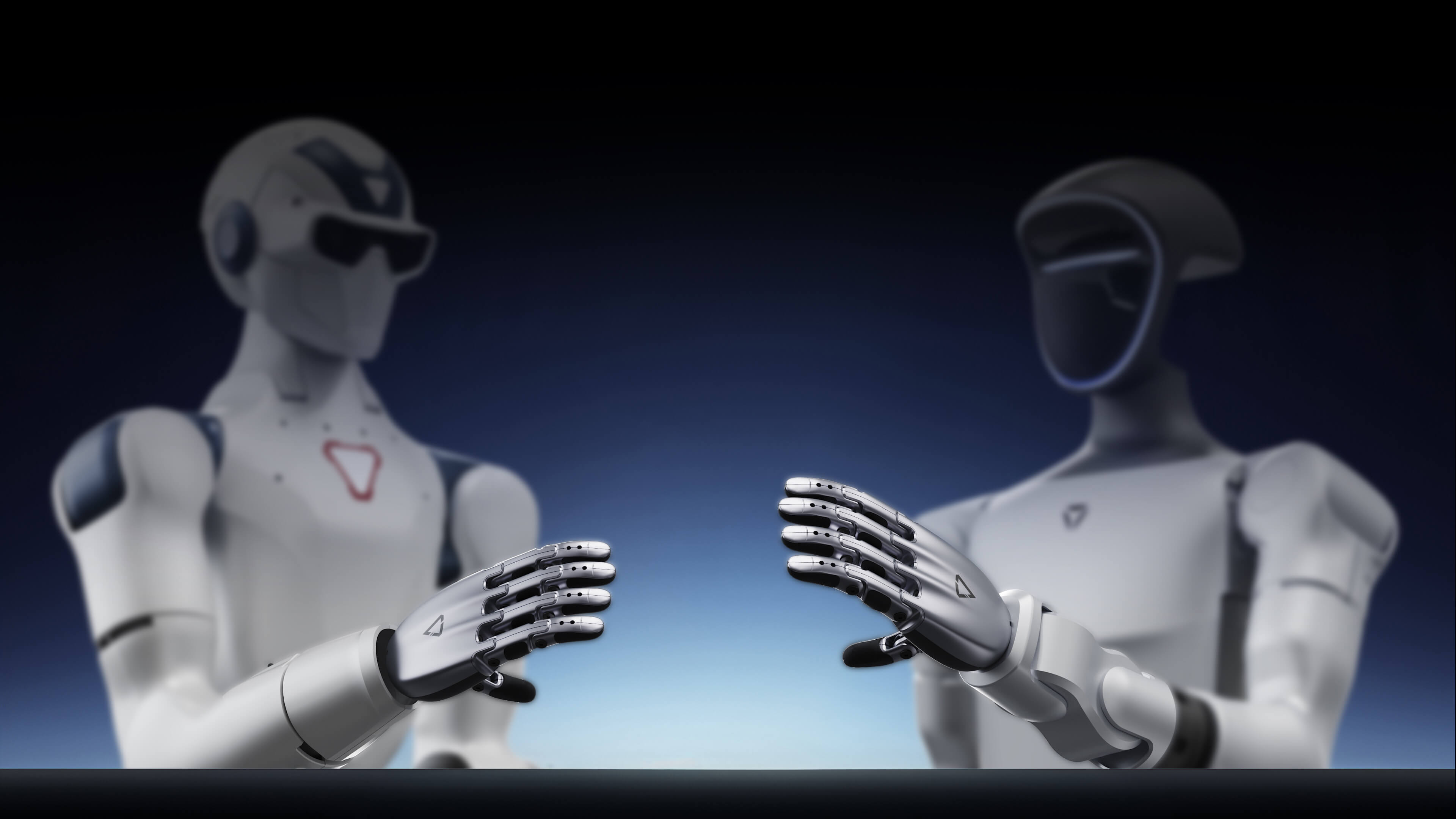 Unitree Dex2/5 hidden internal wiring shown on both G1 and R1 humanoid hands reaching toward each other