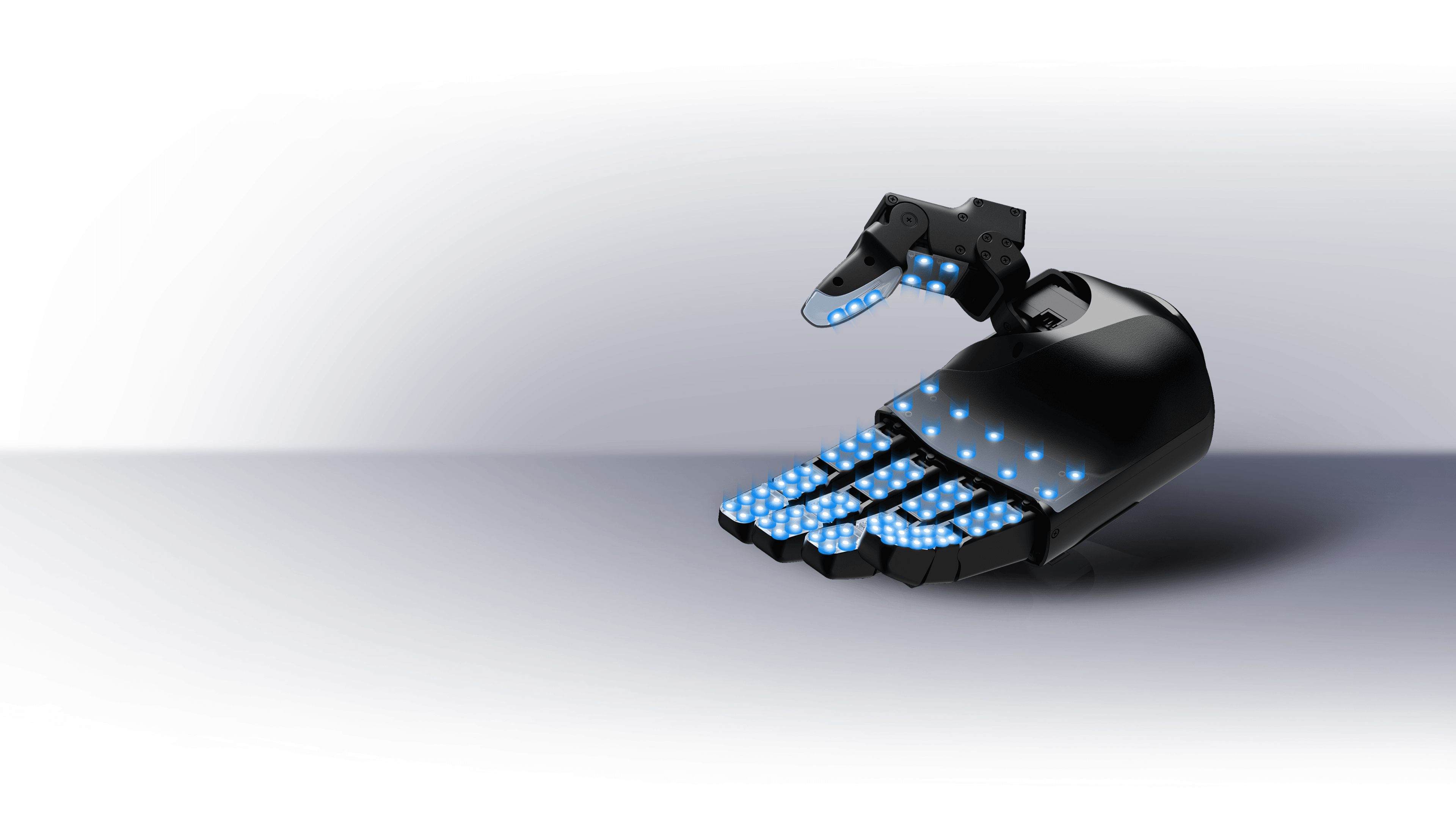 Unitree Dex5-1P tactile sensing version showing illuminated pressure sensor points across the palm and fingers