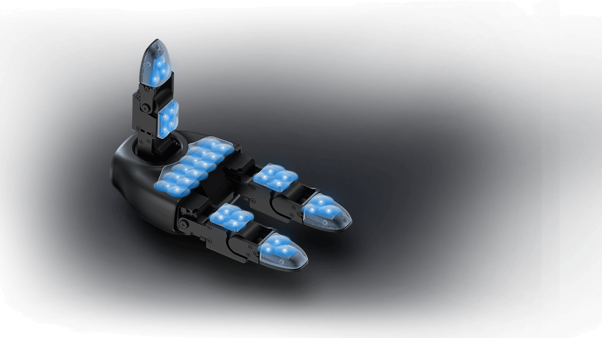 Unitree Dex3-1 hand illuminated to show its 33 tactile pressure sensor points across the palm, finger pads, and fingertips