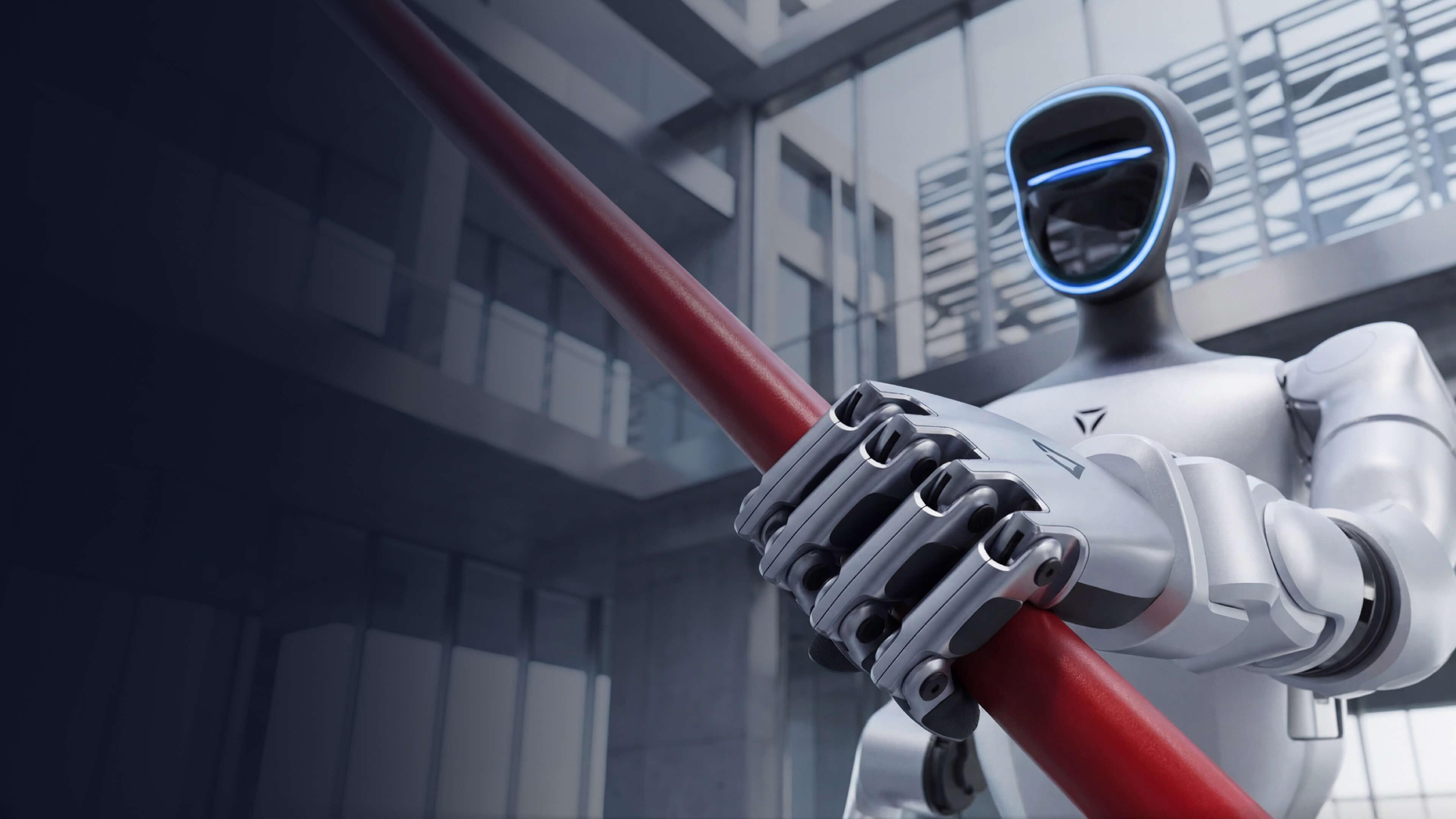 Unitree Dex2/5 tendon-driven dexterous hand gripping a pole, mounted on a Unitree humanoid arm